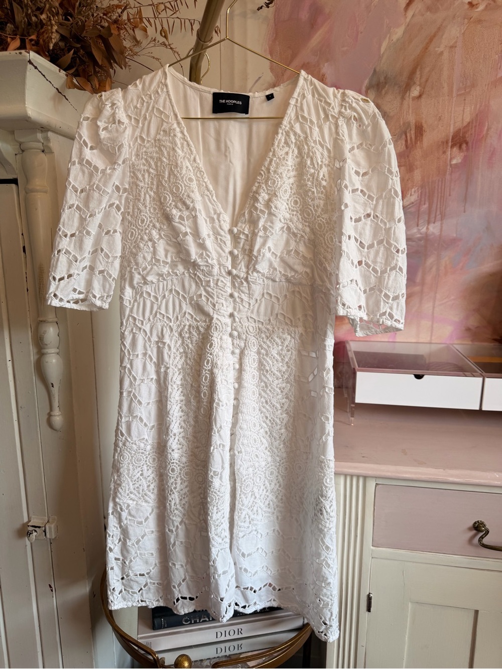 The Kooples White Lace V-Neck Mini Dress with Short Sleeves
